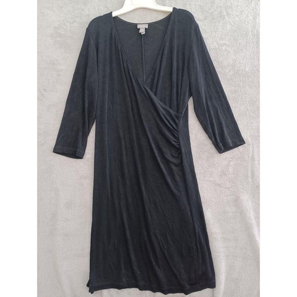 Chicos Travelers Dress Lg Black VNeck Sheath Faux Wrap Midi Slinky Liquid Knit‎